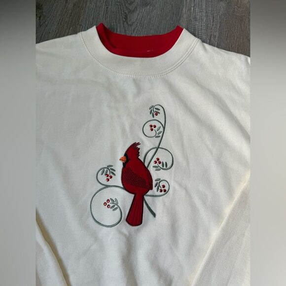 VTG M & C Sportswear Grandma Sweater Cardinal Embroidered Bird Cream Red Size L - Picture 5 of 8